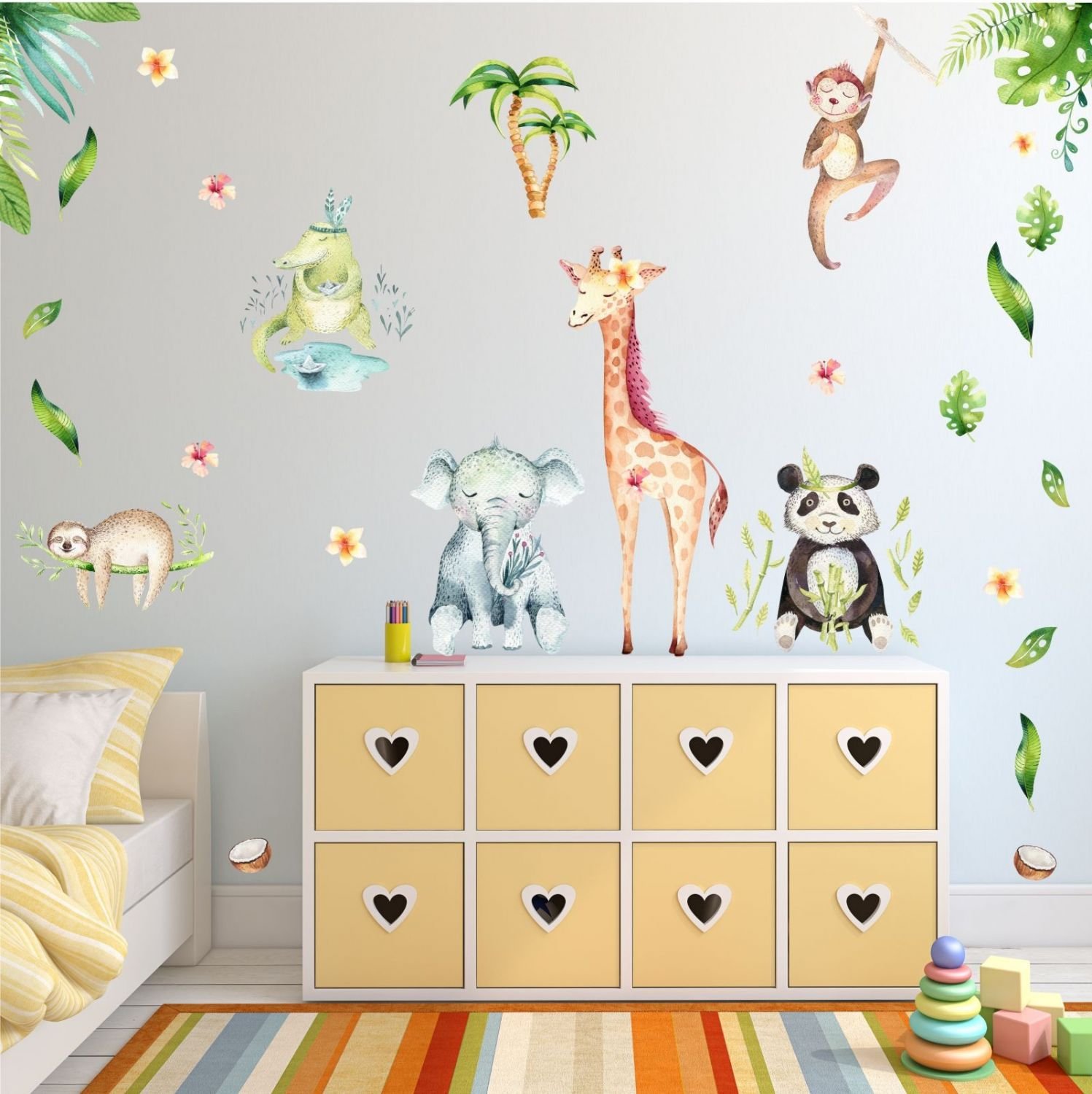 nikima Bonito para niños – 113 – Adhesivo de pared con diseño de animales de la selva, elefante, jirafa, panda, abuelo, mono, en 6 tamaños, para habitación de los niños, acuarela, acuarela, verde,