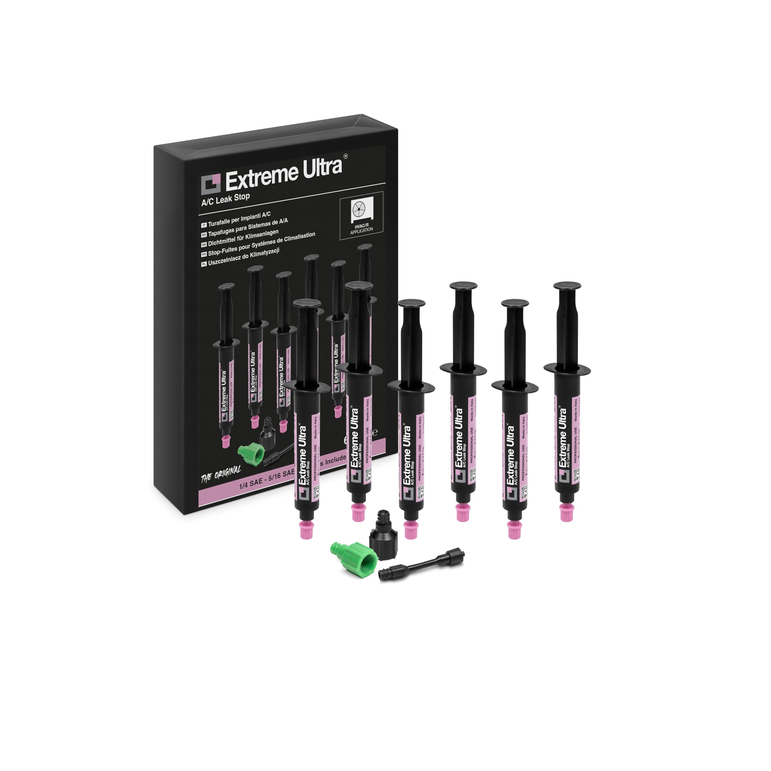 Errecom Extreme Ultra - 6 x 6 ml, Sellador de Fugas para Sistemas de Aire Acondicionado y Refrigeración, incluye les adaptadores 1/4 SAE y 5/16 SAE (R410a, R32)