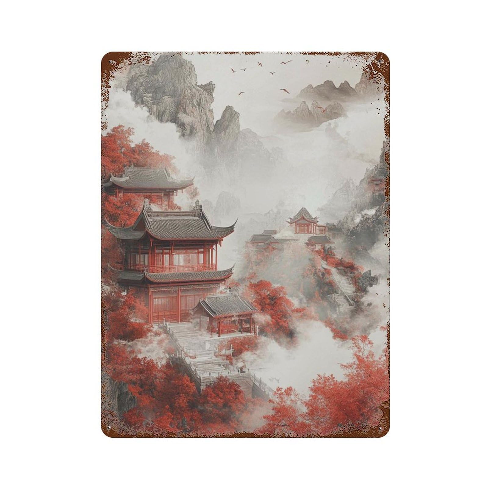 xiaoxiaoshen Red Temple Mountain Landscape Misty Asian Pagoda Dramatic Oriental Nature Wall Decor Art Metal Tin Poster Modern Home Decor Art Home Bar Shop Decorations Vintage Sign 40x30cm