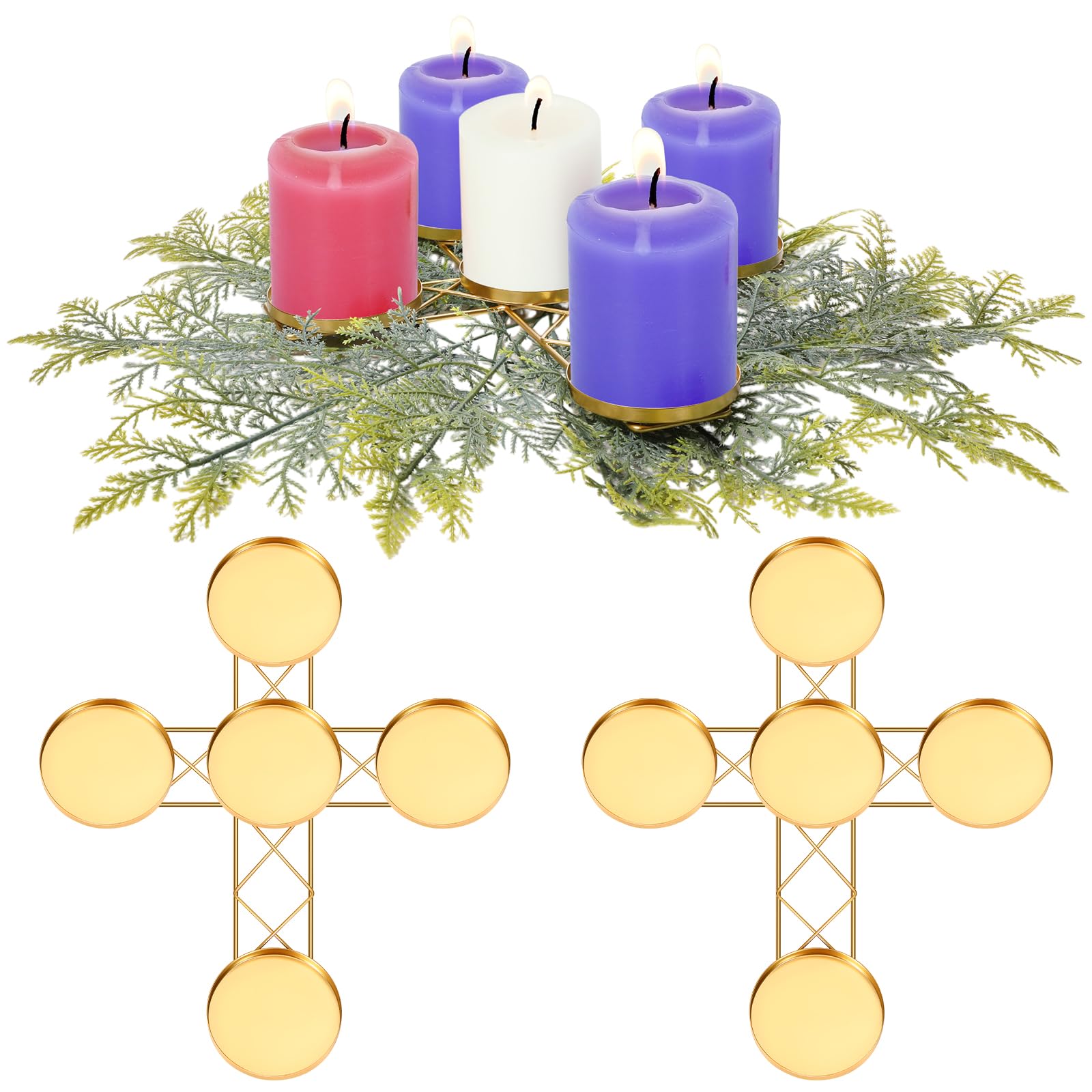 Jingmore 2 Pcs Christmas Advent Candle Wreath Ring Metal Candle Holder for Pillar Advent Rustic Candlesticks Holders for Xmas Table Centerpiece Decor Home(Wide,Cross)