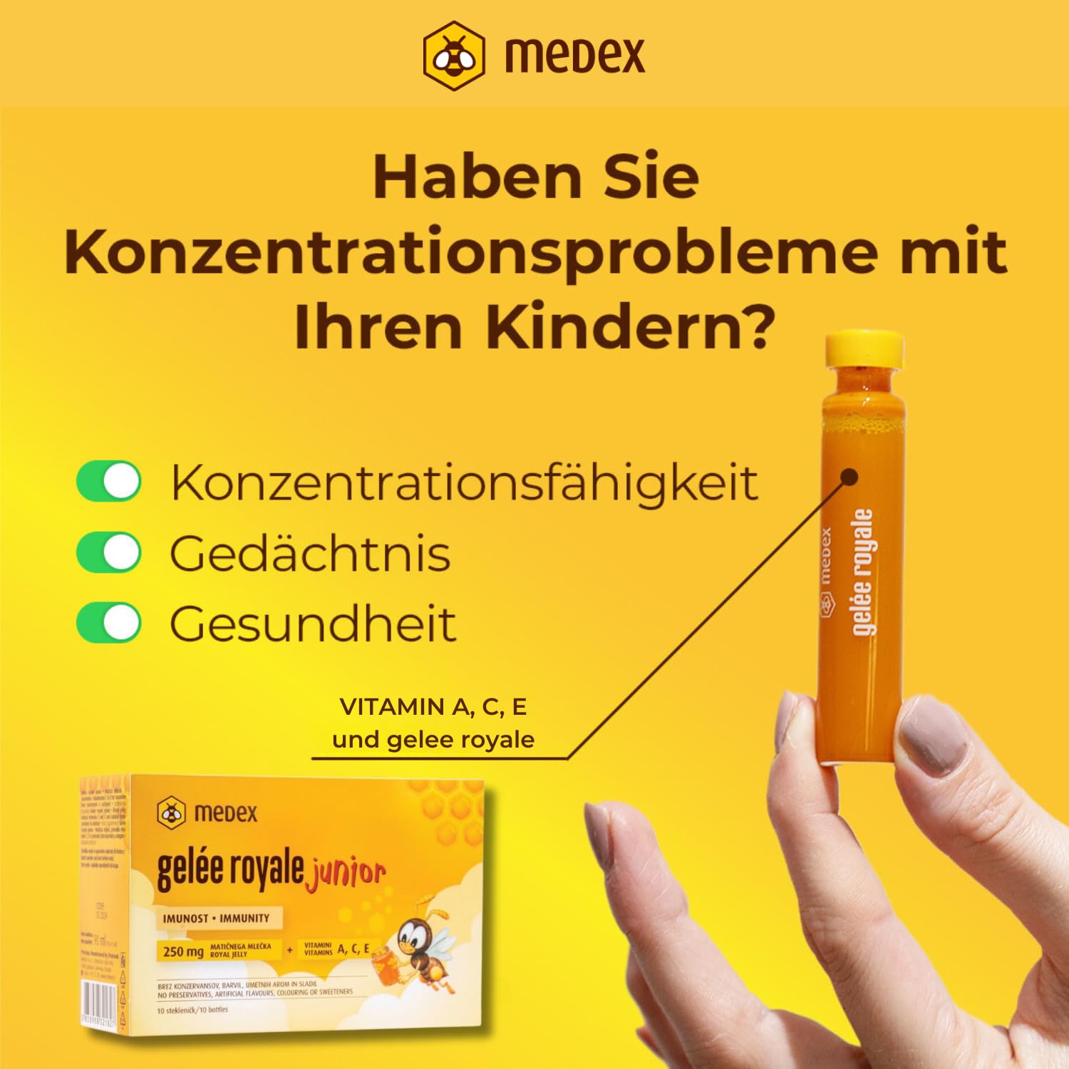 Medex Gelée Royale JUNIOR, frisches Gelee Royal 250 mg, mit natürlichen Vitaminen A, C, E, ausgezeichneter Geschmack, ohne Süßstoffe, für Kinder ab 3+, Flüssigkeit in Ampullen 10 x 9 ml