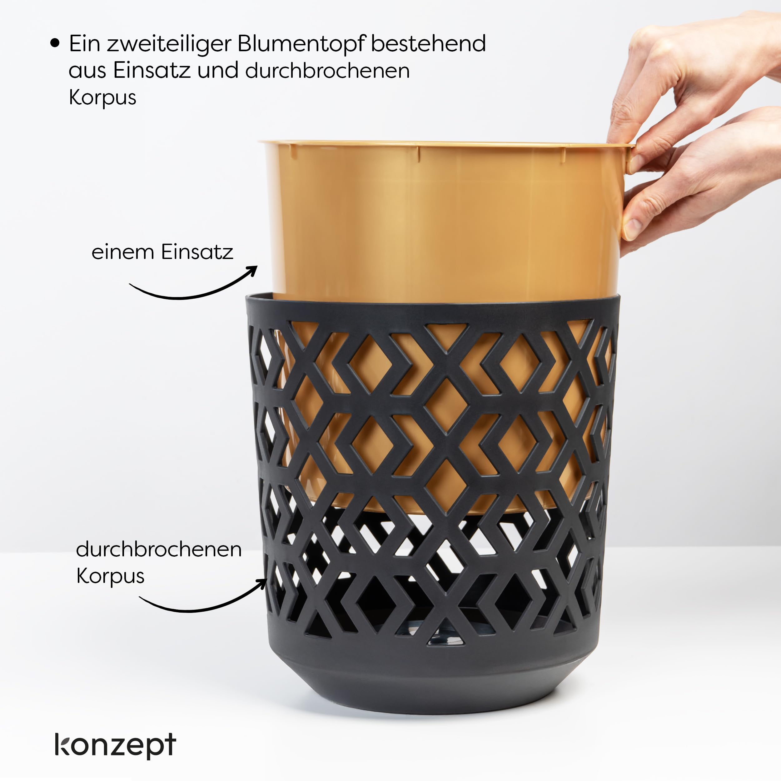 Pot De Fleurs Intérieur Design 30 Cm - Plastique Imitation Pierre, Avec Insert Amovible, Coloris Noir