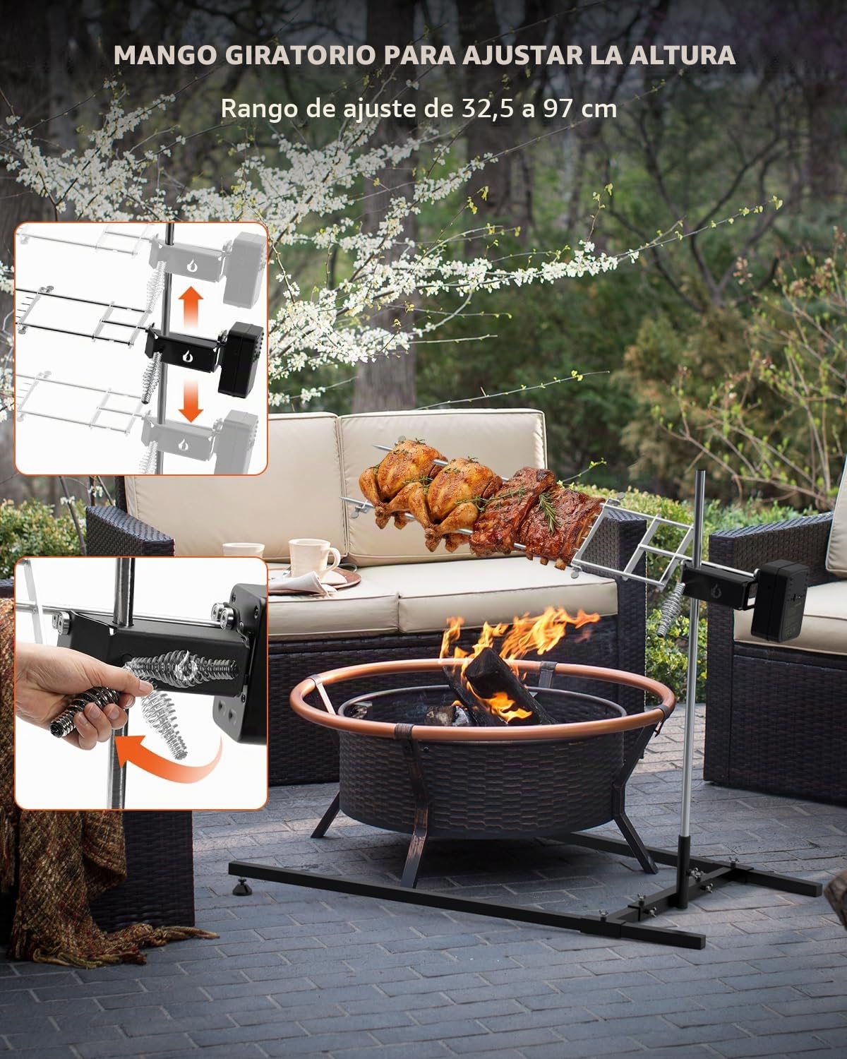 Onlyfire Asador Giratorio Eléctrico para Barbacoa, Altura Regulable 32,5-97cm, Motor 3 en 1, Kit de Brocheta Eléctrica para Fogones, Hogueras y Barbacoas de Carbón, Asador de Lechón Acero Inoxidable