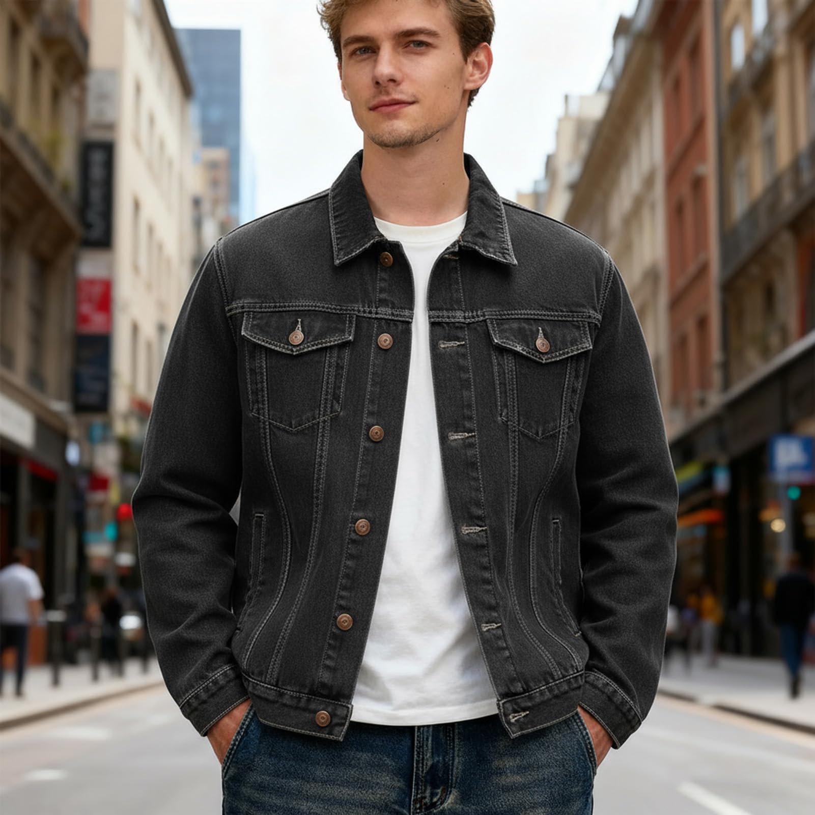 Giacca di jeans da uomo Giacche in denim lavato, giacca da mezza stagione primaverile autunno cappotto vintage giacca da uomo classica denim cargo coat slim fit giacca transizione