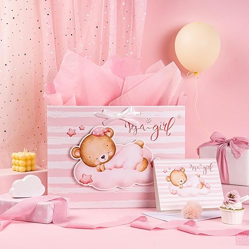 Miniatura 3 de Loveinside Bolsa de regalo de oso para bebé niña con papel de seda y tarjeta de felicitación para baby shower, nuevos padres y más, 16 x 6 x 12