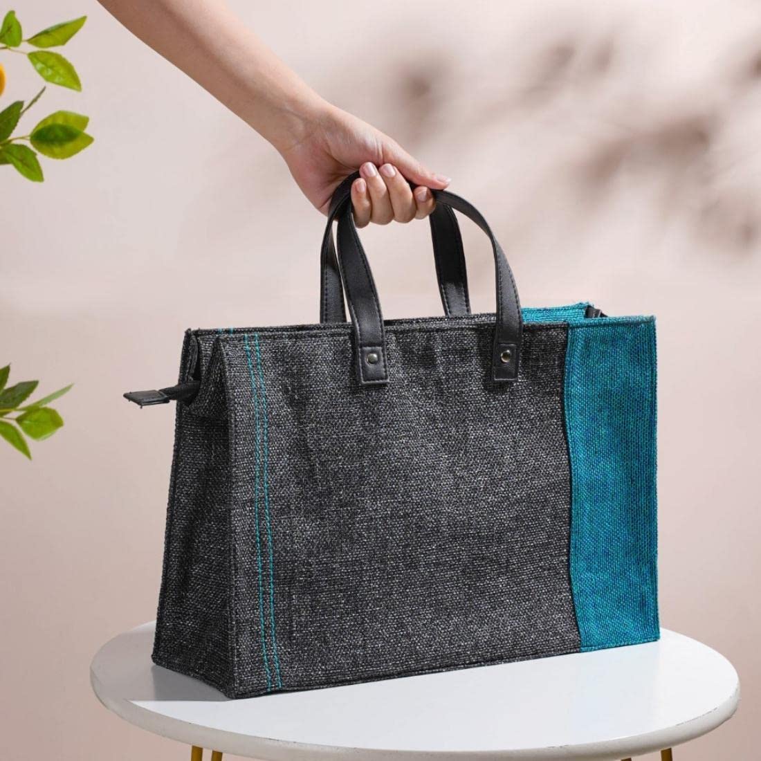 Nestasia Jute Lunch Bag for Office Men (15x10 Inch), Eco-Friendly and Washable Lunch Bags for Women and Men with Vegan Leather Handle, Black & Teal, 10 litres