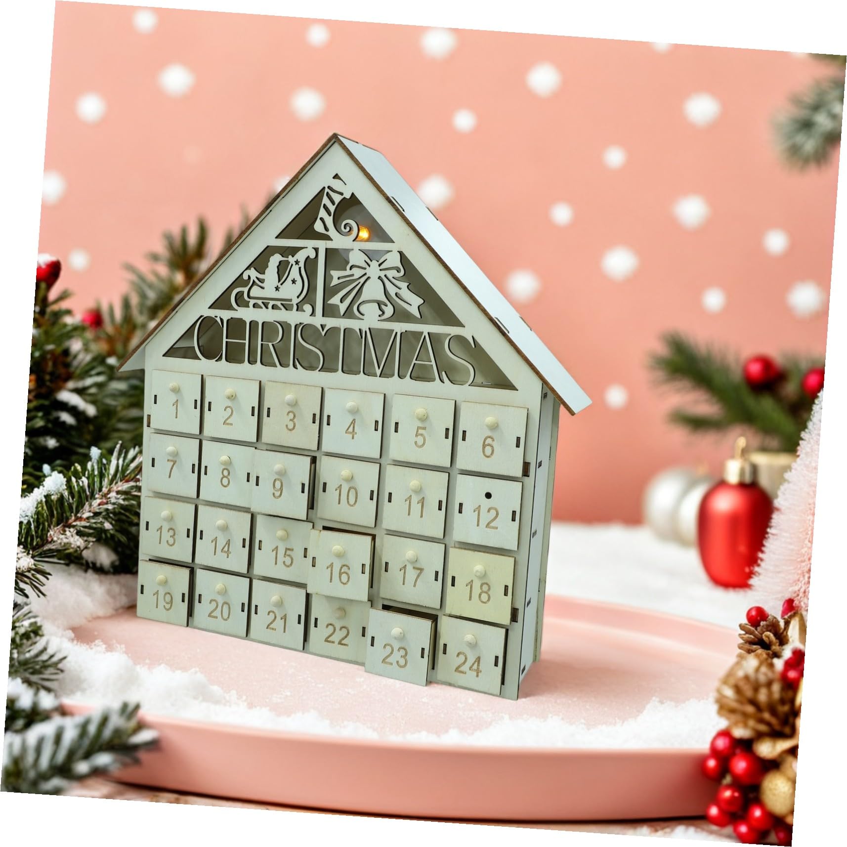 Calendario de Adviento de Madera con LED Casa de Regresiva de Días Cajones DIY para Golosinas Navideñas Decoración Reutilizable para Familia Navidad