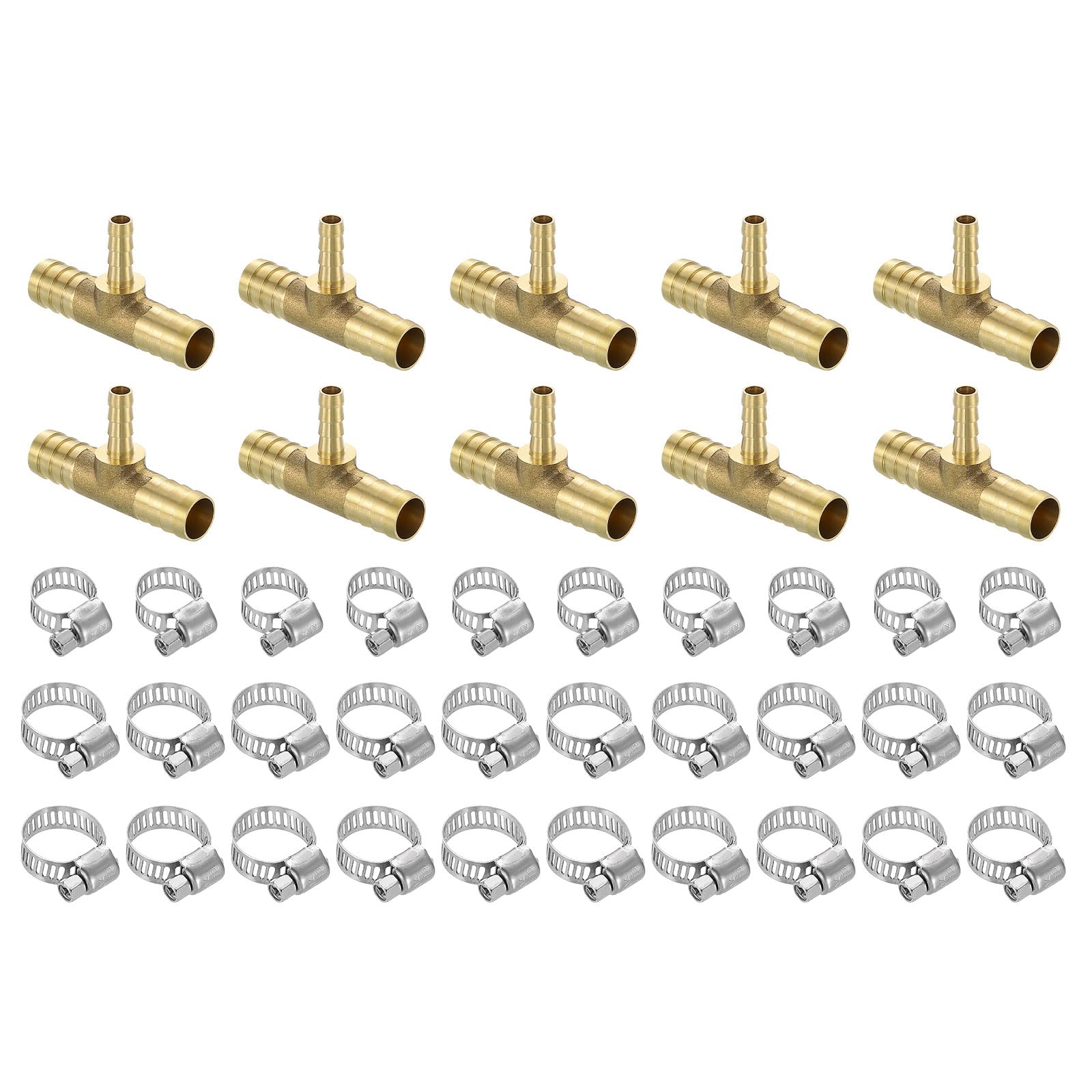 QUARKZMAN 10pz Raccordi Tubo in Ottone 1/2"x1/4"x1/2" con 30pz Morsetti | Riduttore Tubo Raccordo Ottone a T con 30pz Morsetti Tubi per Acqua Carburante Aria