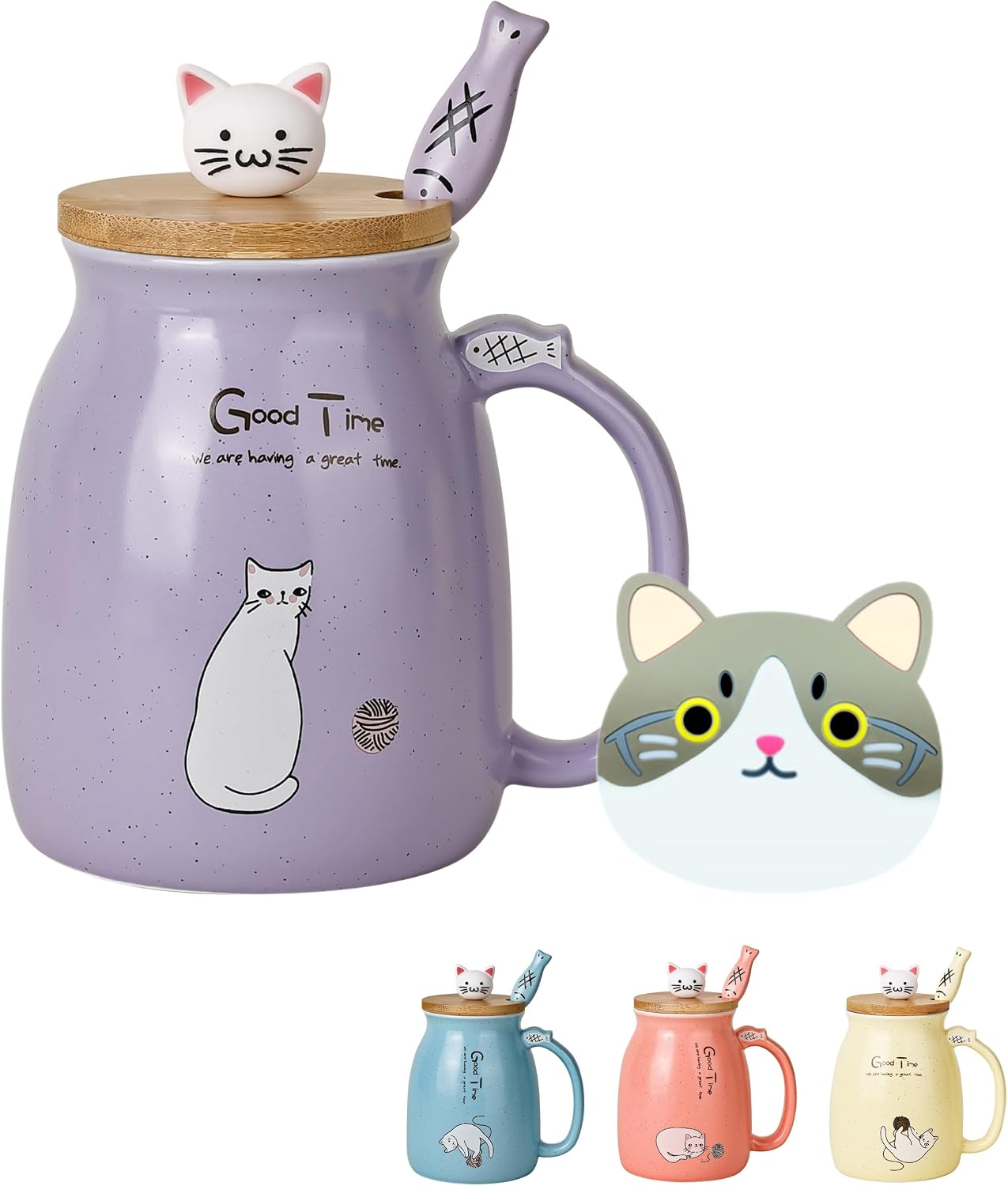 Uroczy kubek z kotem kawaii, ceramiczny kubek do kawy z kotkiem, drewnianą pokrywką i uroczą łyżeczką ze stali nierdzewnej, nowość, poranne kubki do kawy, mleka, herbaty, prezenty świąteczne, prezenty