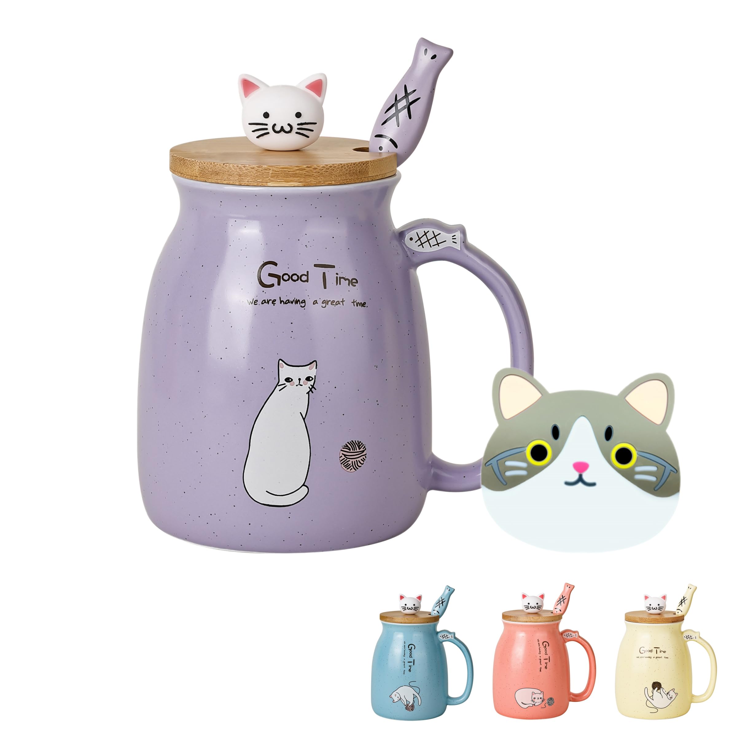 Cute Cat Mug Kawaii Ceramic Coffee Cup with Kitty Wooden Lid and Lovely Stainless Steel Spoon Novelty Morning Cups Coffee Milk Tea Mugs Christmas Birthday Gifts for Women Cat Lovers Present (Purple)