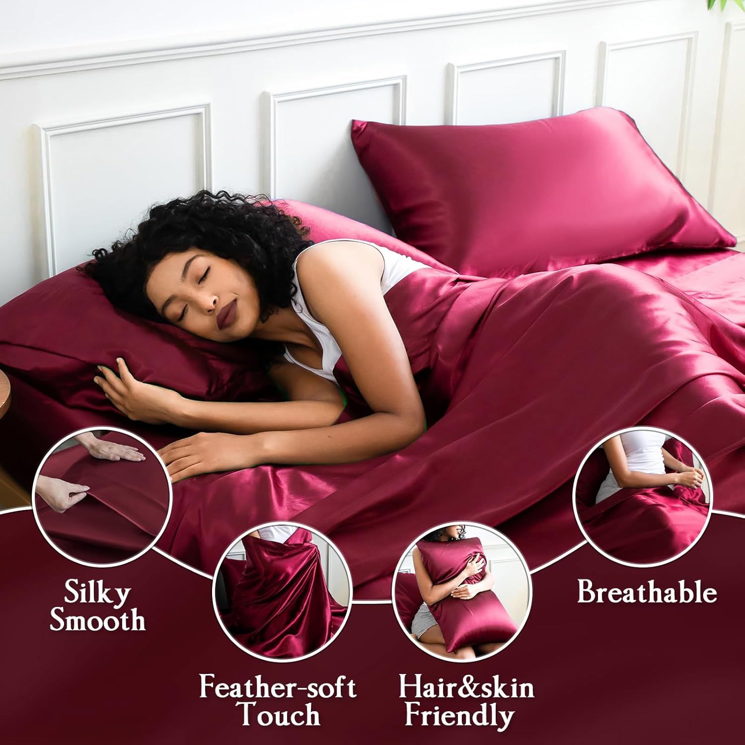 Satin Sheets Full Size Bed Set,Similar to Silk Sheets,4Pcs Luxury Satin Sheet Set with 15 Inches Deep Pocket (Full,Burgundy)
