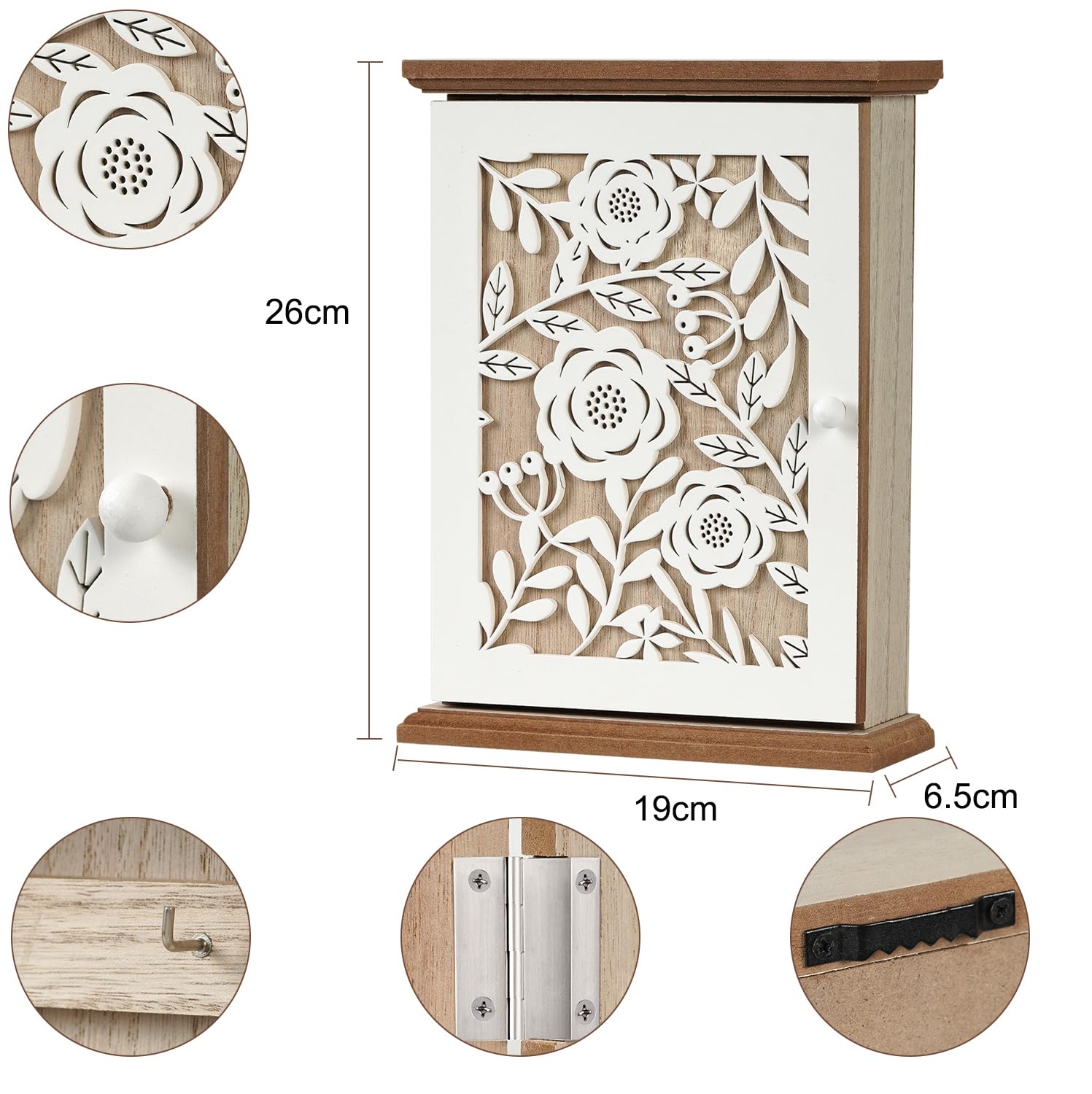 BlyeMichdi Boîte à clés en Bois, Murale Boîte à clés, Armoire à Clés avec 6 Crochets à Clés, Boite a Clef Decorative, Design rétro Creux, pour clés