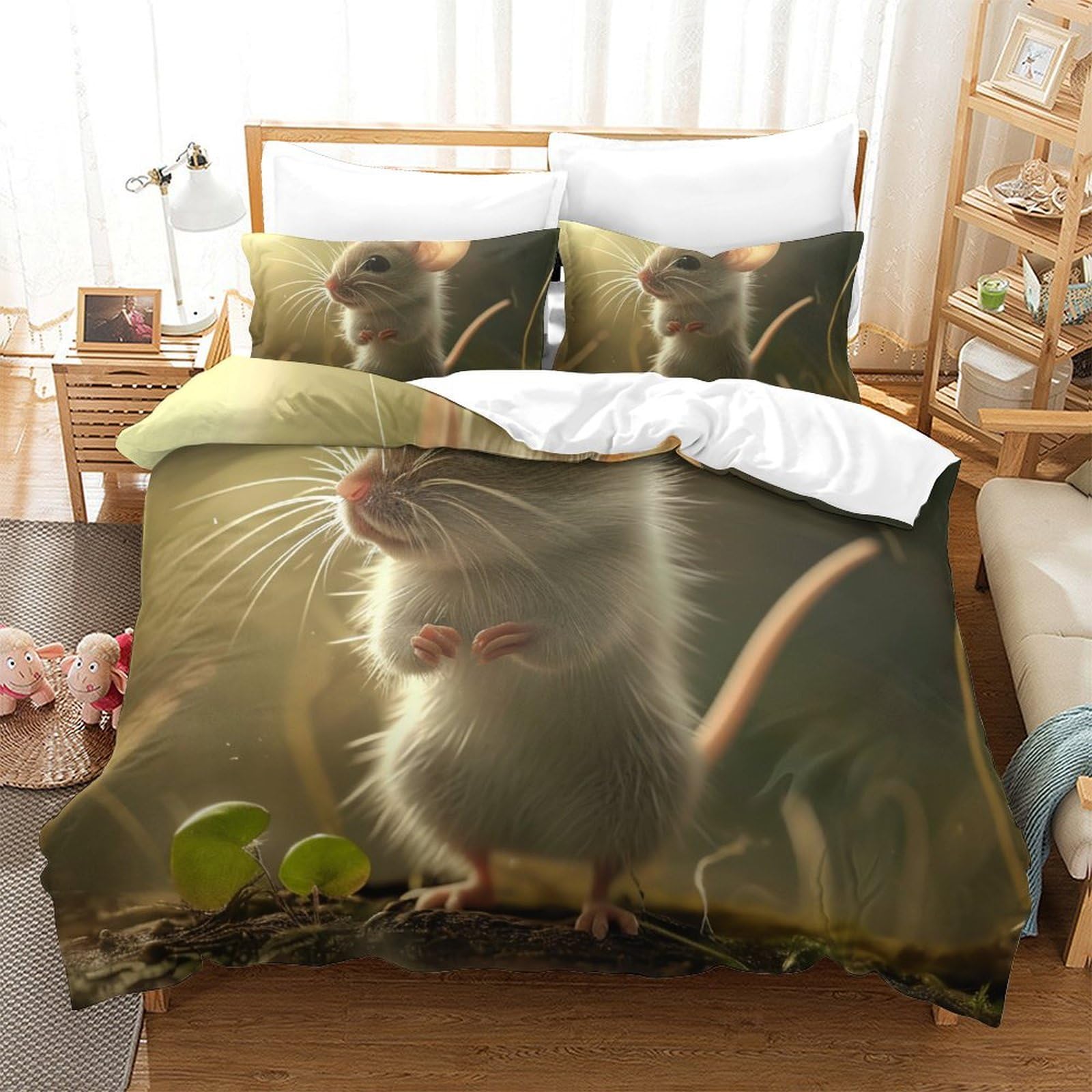 Housses de couettes 3 pièces respirantes microfibre douce imprimé souris 3D super king 260x220