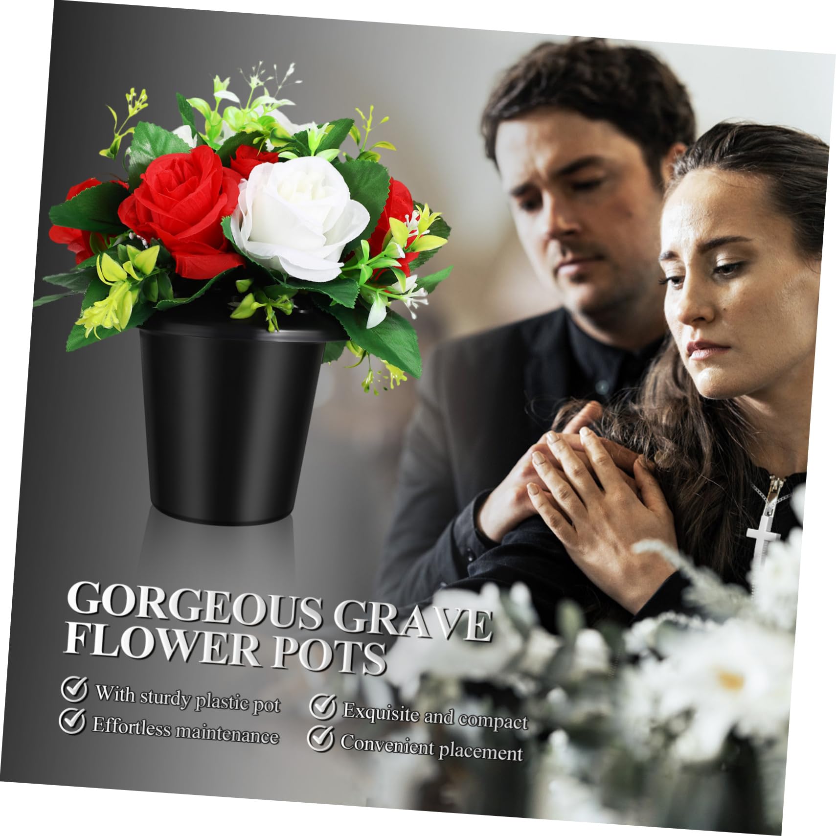 Fiori Artificiali per Cimitero Piccolo Secchio Resistente, Composizione Floreale Funebre Decorativa per Esterni, Set da 2 Pezzi per Decorazioni Tombali Commemorative