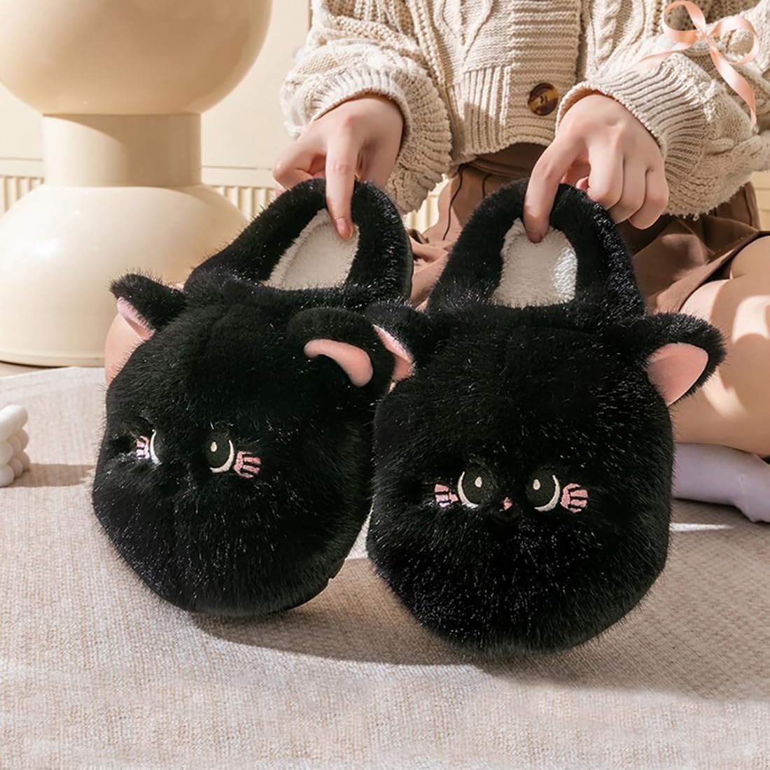 Cute Cat Slippers for Women - Fuzzy Warm Animal Slippers with Non-Slip Thick Sole for Winter Indoor Comfort - Image 5