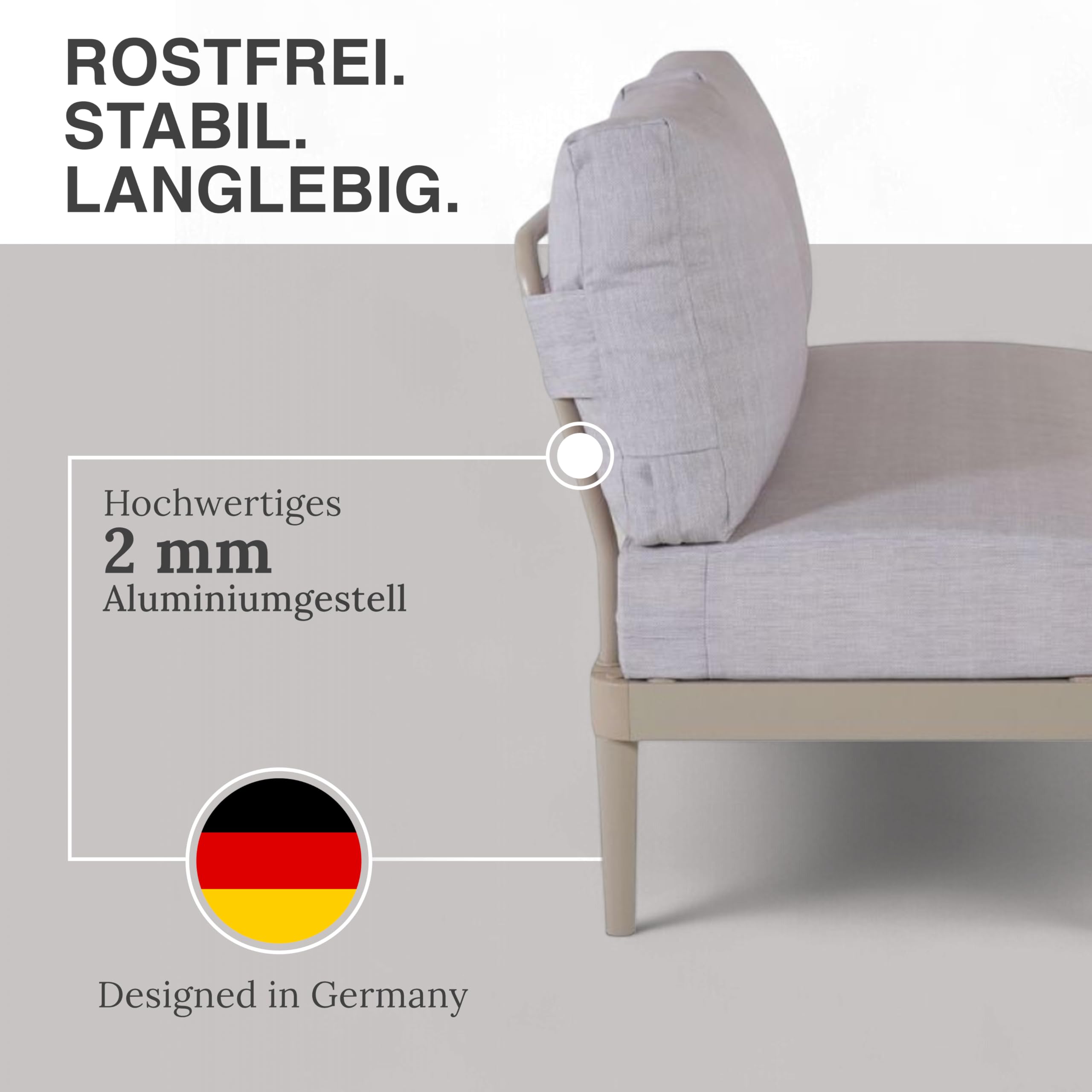 Modulares Doppelsitz Element Sandbeige, 118x83x65 cm: Premium Zweisitzer Outdoor Sitzlounge, Alurahmen rostfrei, 15 cm Polster, wetterfest, UV-beständig, waschbar, Garten/Balkon/Terrasse, Luna Lounge