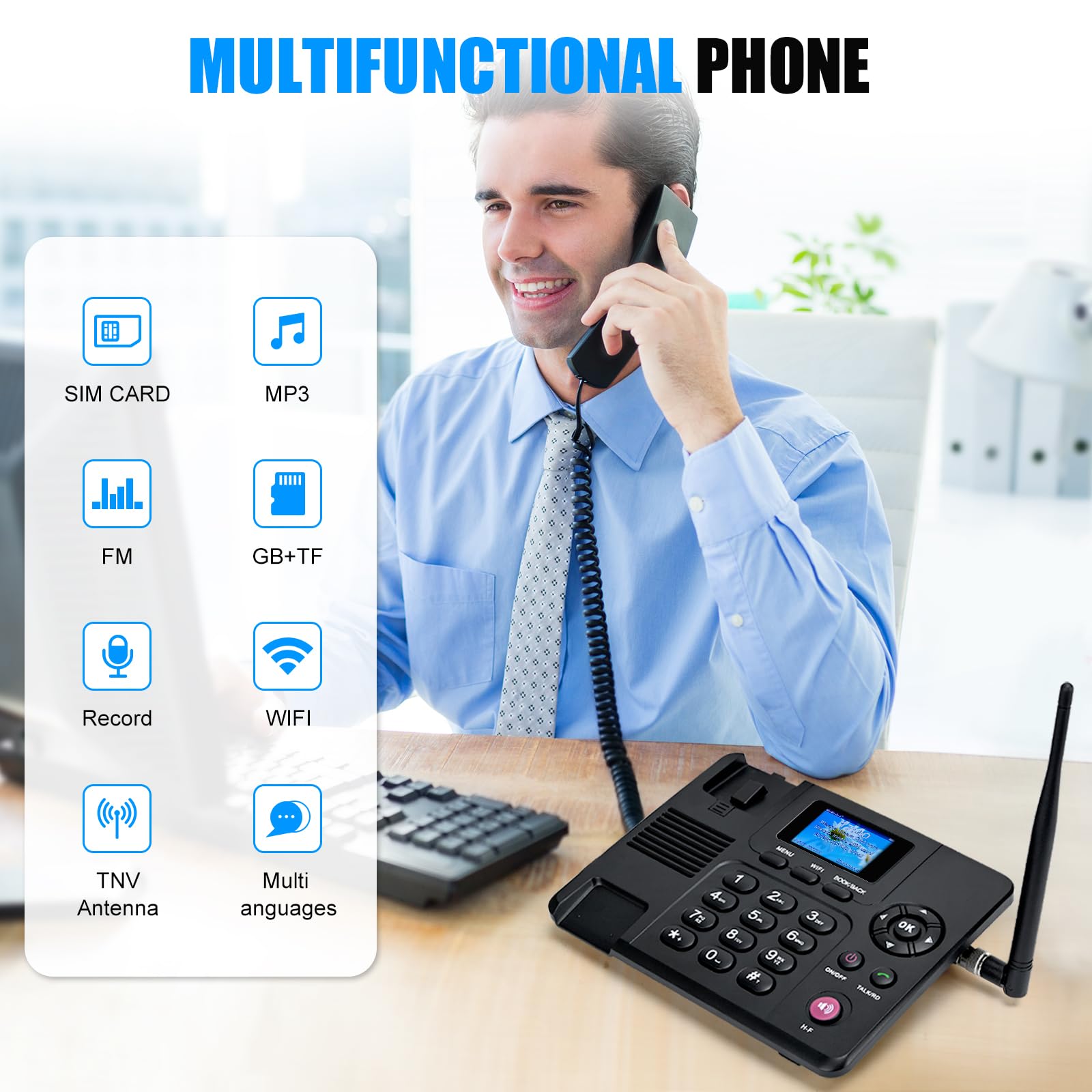 Lychee 2,3,4G Schnurloses Festnetztelefon - Dual SIM, WiFi - Mehrsprachig, großes Farbdisplay mit Hintergrundbeleuchtung- Abnehmbare Antenne- Tischtelefon für Büro/Hotel/Wohnungen