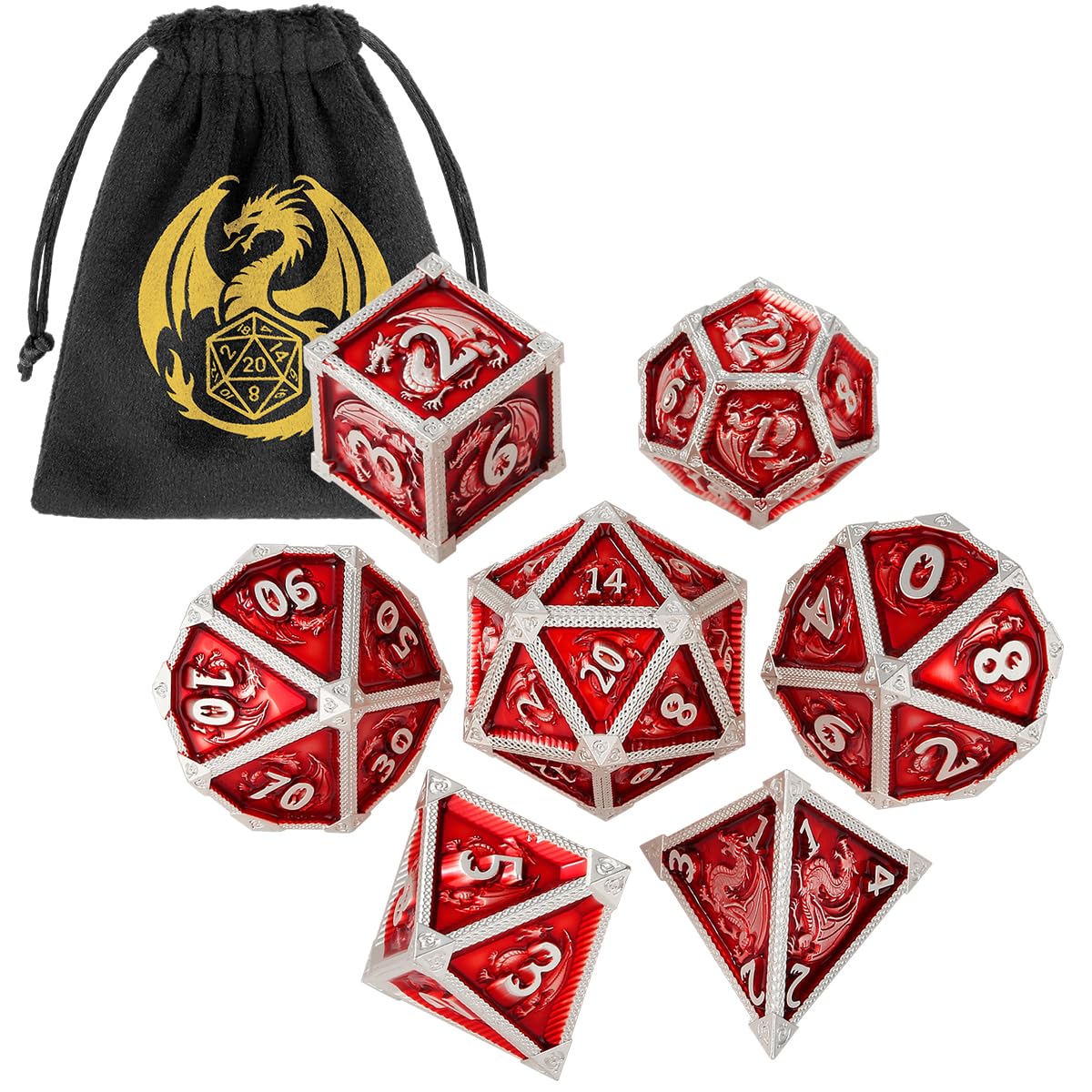 Metal Dice Set, Dragon Pattern, 7pcs Polyhedral Metal DND Dice Set, DND Starter Set, D&D Gifts with Gift Bag - Image 2