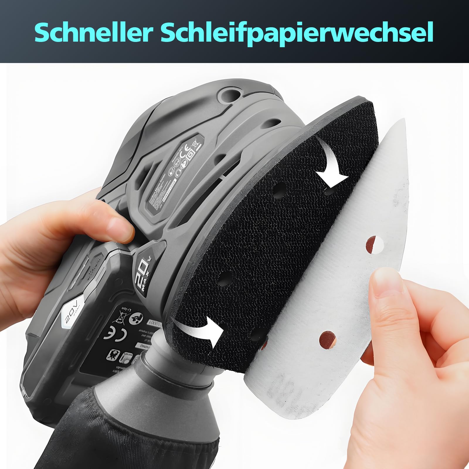 20V Akku Deltaschleifer, Multischleifer, 12000 U/min, Mini Schleifmaschine mit Staubfangbeutel, 20 Schleifpapiere, ergonomischem & 2,0Ah Akku mit Ladegerät, Schwingschleifer für Holz & Wände
