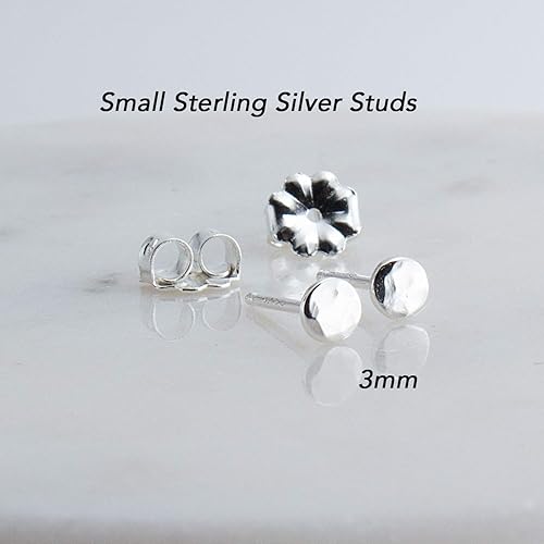 Miniatura 2 de 925 Sterling Silver Round Disc Hammered Stud Post Piercing Earrings 3mm Jewelry for Women or Teens (3mm  Hammered- Shiny)