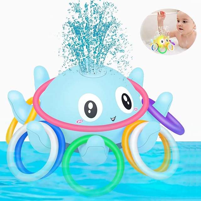 Hanmulee Baby Bath Toys, Light Up Bath Toys with 4 Colors LED,Electric Octopus Induction Water Spray Swimming Pool Fountain Toys for 3 4 5 6 Years Baby Toddler Boys & Girls (Blue)