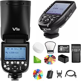 GODOX V1 1-N Flash para Nikon Flash Speedlite com Transmissor de Gatilho Xpro-N Speedlight, 76Ws 2.4G TTL Round Head, 1/8000 HSS, 480 Full Power Shots, 1.5s Recycle Time, 2600mAh Lithium Battery