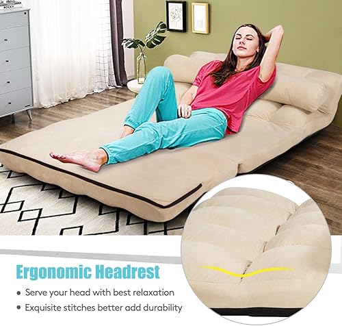 Miniatura 5 de S AFSTAR Safstar Sofá plegable y futón de suelo, sofá cama de tela de 6 posiciones con 2 almohadas y relleno de esponja, sofá perezoso ajustable