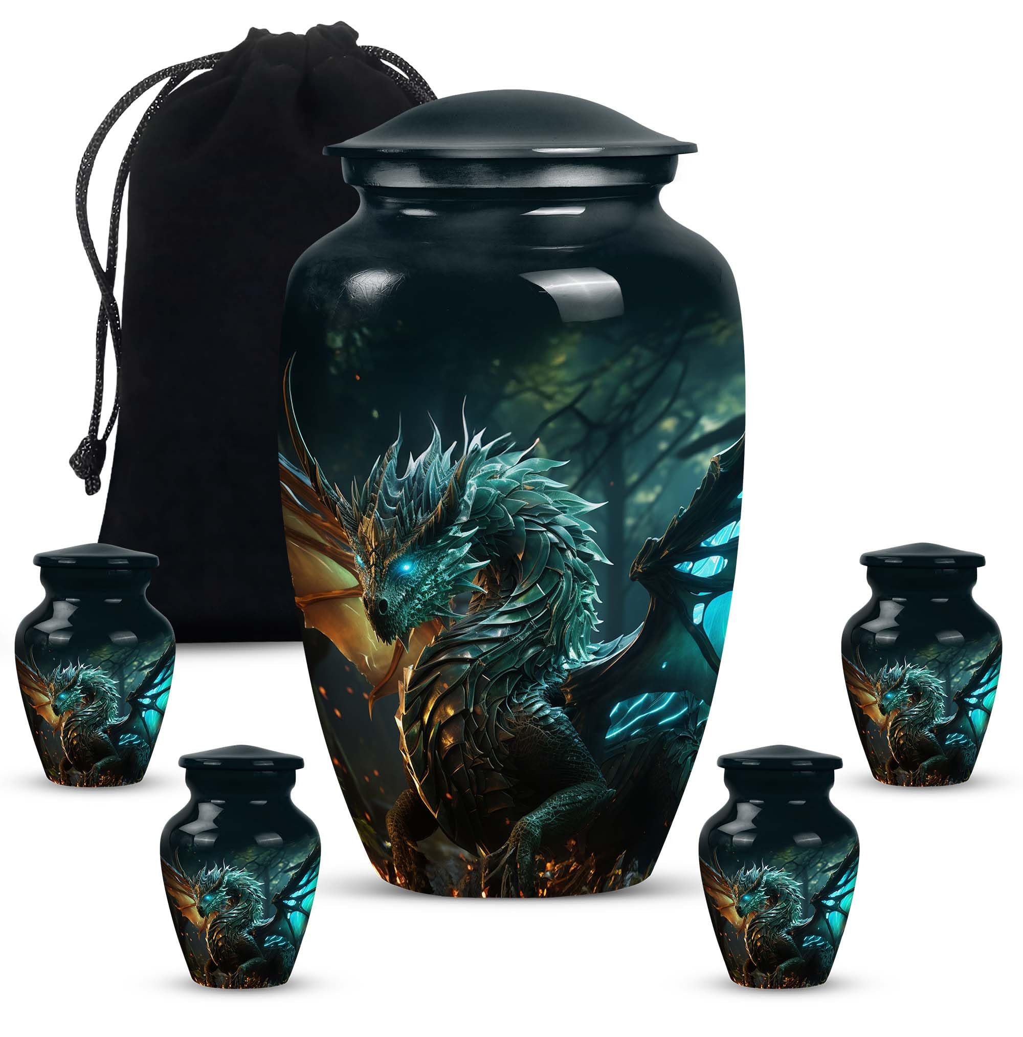 SUBSH Dragon Forest Awakening Combo - Large Urn with Velvet Bag and 4 Small - Memorial Keepsake Urns for Adults & Mini Creatons