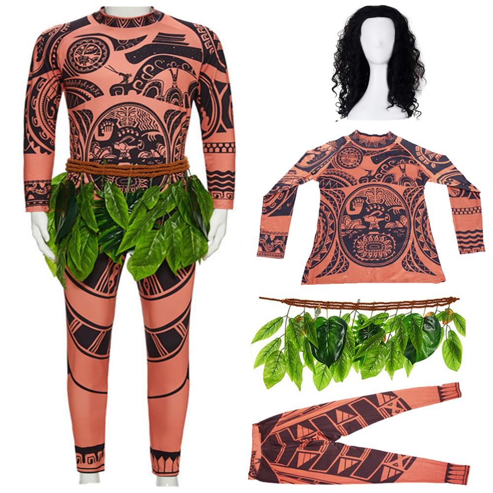 LIFEPATH88 Maui Tattoo T Shirt/Pants Halloween Cosplay Costume Adult for Mens and Womens Wig Set
