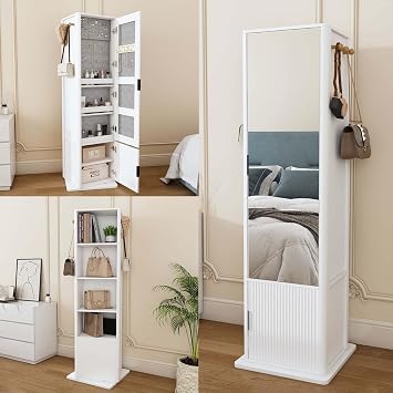 Full Length Standing Mirror with Jewelry Storage, Rotating Jewelry Mirror Organizer Full Length, 360 Swivel Jewelry Armoire Cabinet Standing for Women/Bathroom, Open Shelves White