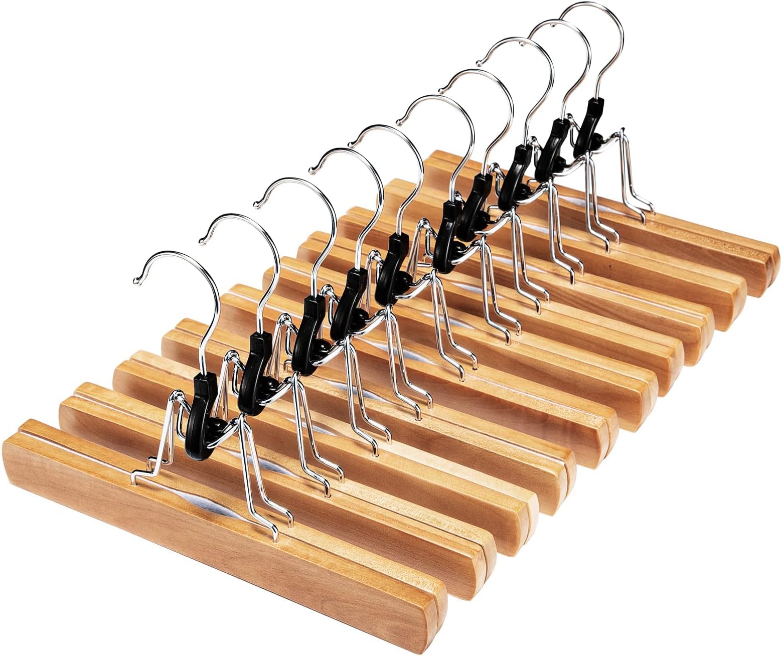 HOUSE DAYWooden Trouser Hangers 10 Pack,Non Slip Hangers for Trousers 360 Degree Swivel Hook Pants Hanger for Skirts,Jeans,Slacks,Shorts,Natural