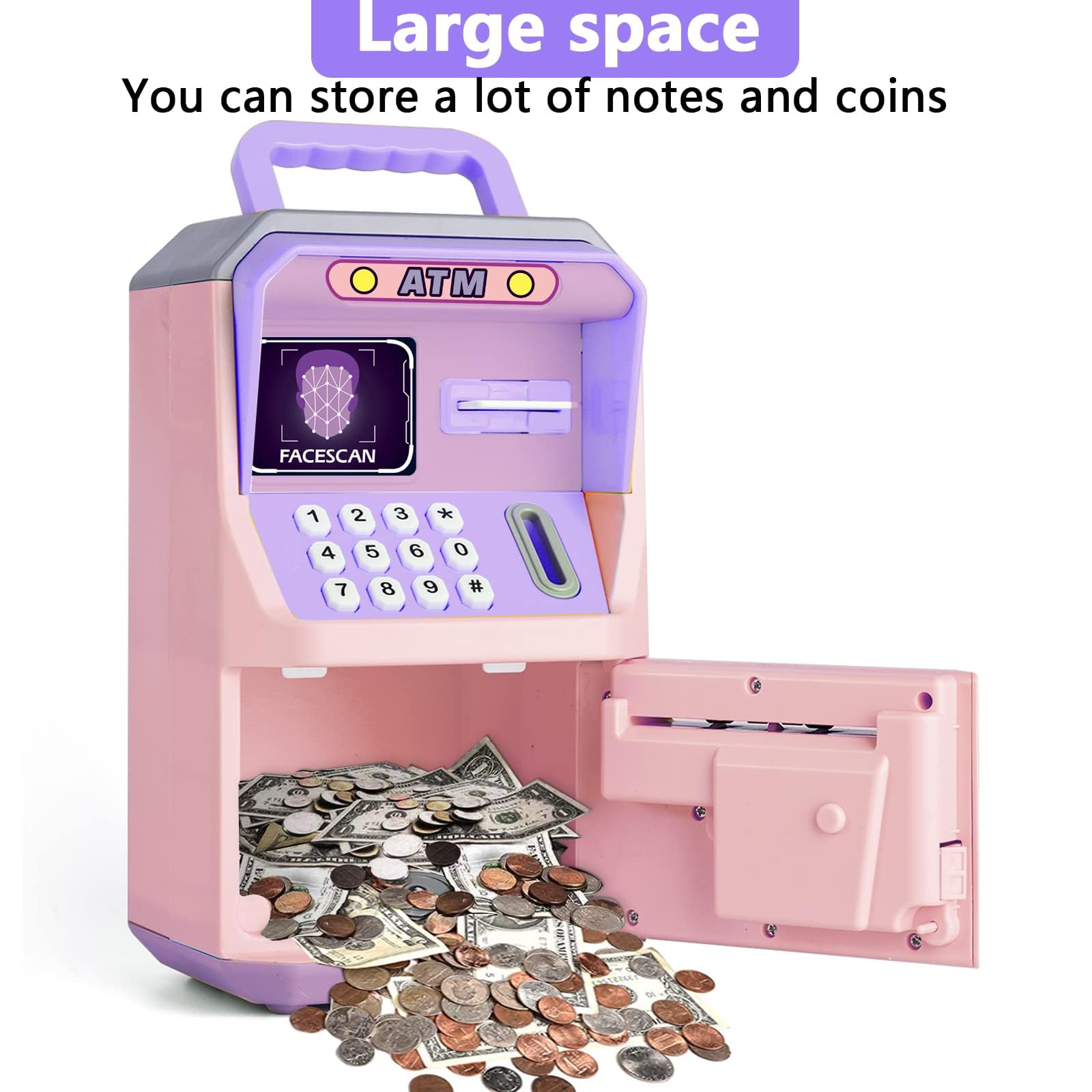 TERRIFI ATM Money Bank for Kids with Face Recognition and Music - Smart Voice, Secure Lock, Large Storage - Pink Electronic Cash Coin Bank, Ideal Gift for Boys and Girls' Birthdays