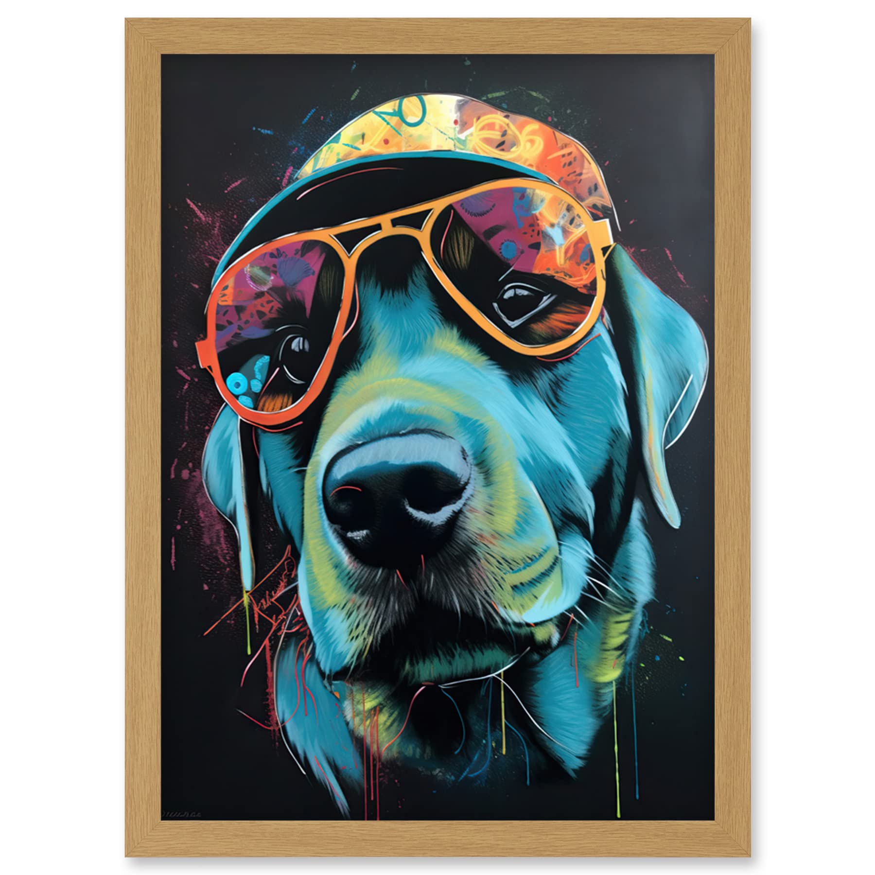 Artery8 Labrador Retriever with Sunglasses and Hat Artwork Framed Wall Art Print A4