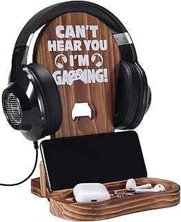 Gamer Gifts for Teenage Boy, Gamer Room Decor for Man, Best Gifts for Son, Boyfriend, Husband, Gaming Accessories for Room, Wooden Gaming Headset Stand for Gaming Desktop- Can't Hear You I'm Gaming