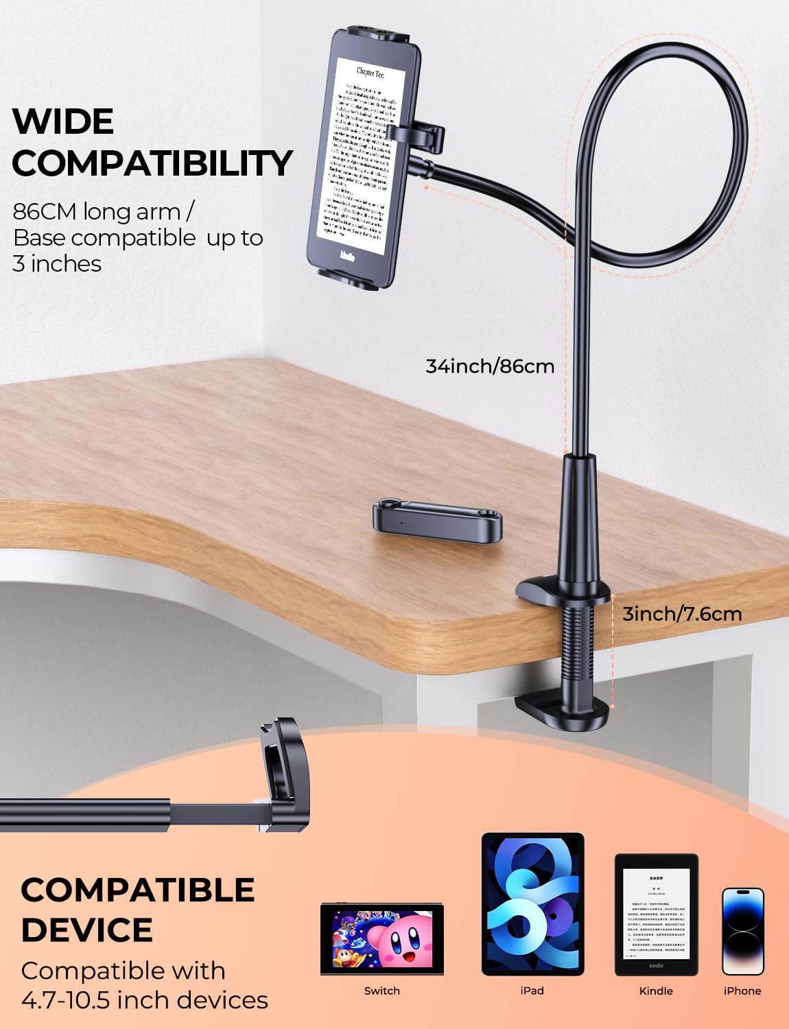 TRYONE Support à col de Cygne avec Tourne-Page pour Lecture Kindle au lit - Support réglable Bureau/Chevet | Accessoires Kindle - Cadeaux pour passionnés de Lecture