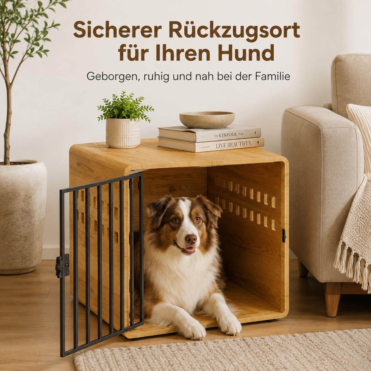 Hundebox Holz mit Metalltür, Indoor Hundehütte, 80 x 60 x 61,5 cm