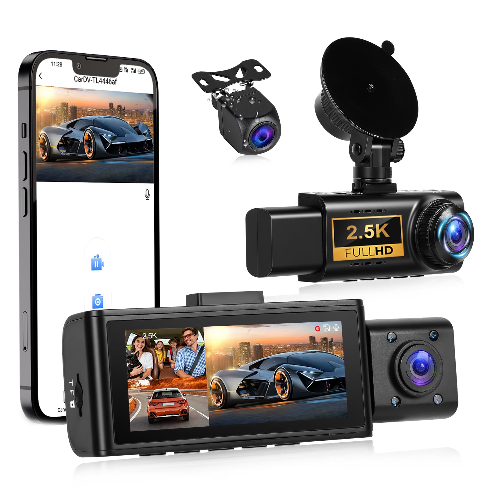 OiLiehu 3 Canales Cámara para Salpicadero 3,16 Pulgadas para Coches, Full HD 2,5K+1080P+1080P, Tres Lentes con G-Sensor/Control App/Grabación en Bucle/Visión Nocturna/Asistente de estacionamiento/GPS