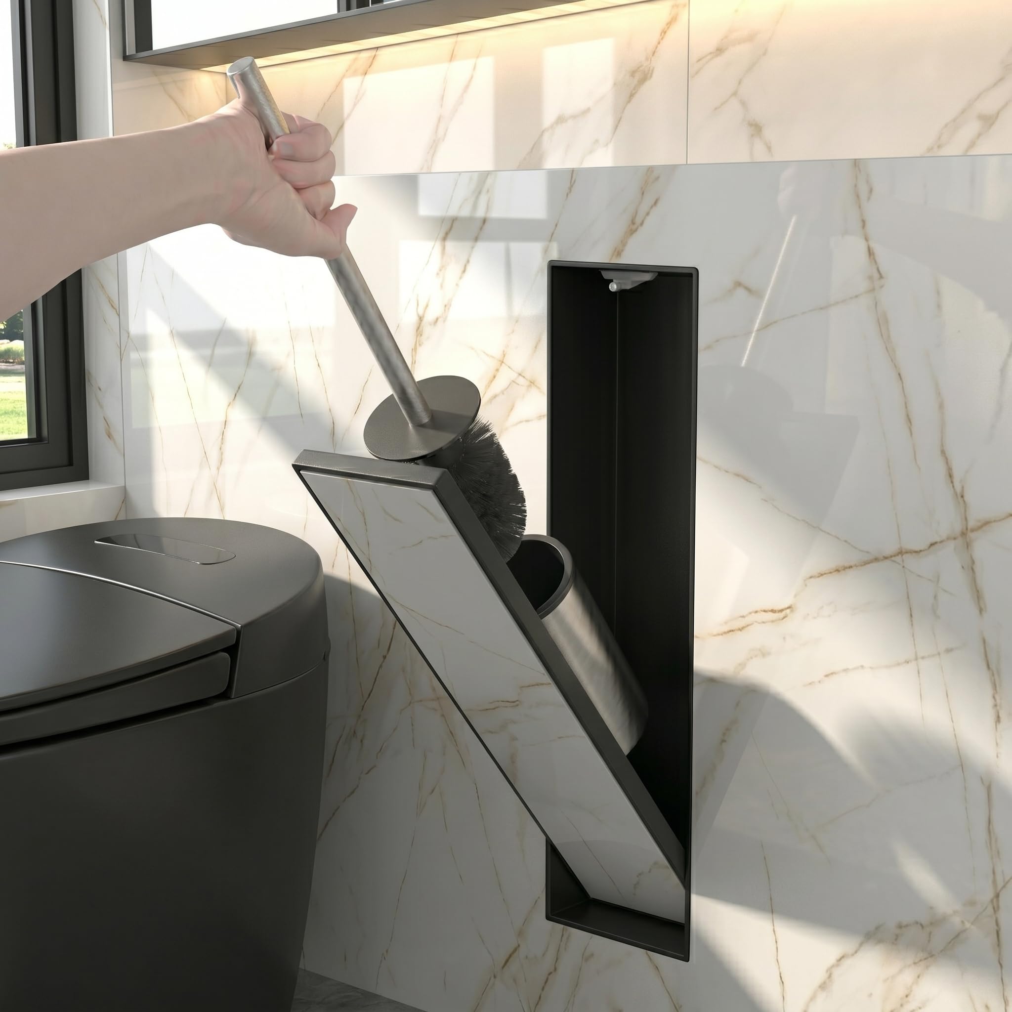 Porte-Balai WC encastré en Acier Inoxydable, Brosse Toilette Noire, Porte-Brosse WC encastrable en Niche Murale pour Salle de Bain (Noir Mat, 45 x 12 x 12.5 cm)
