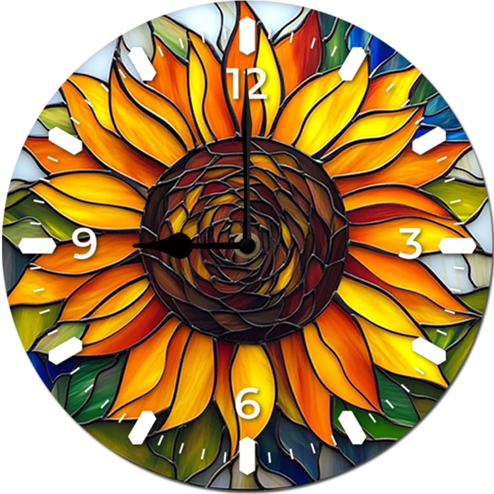 Imahoocool Outdoor Wall Clock, 10 Inch Sunflower 13 Wall Clock MDF Wood Round Decorative Clock for Bathroom, Bedroom,Patio, Porch, Garden, Living Room