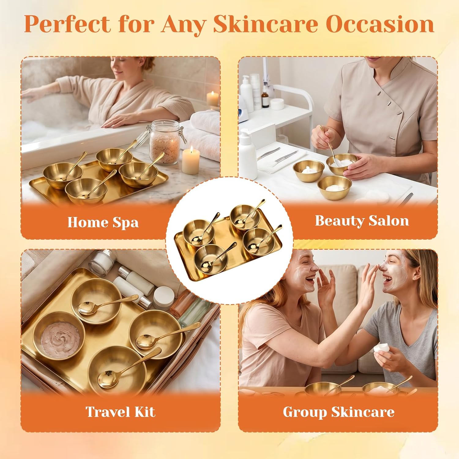 9 Pcs Esthetician Supplies - Gold Face Mask Mixing Bowl Set, Include 4 Stainless Steel Esthetician Bowls, 4 Mixing Spoons, and 1 Serving Tray for Women Facial Mask Spa Body Care Bathroom Home Use