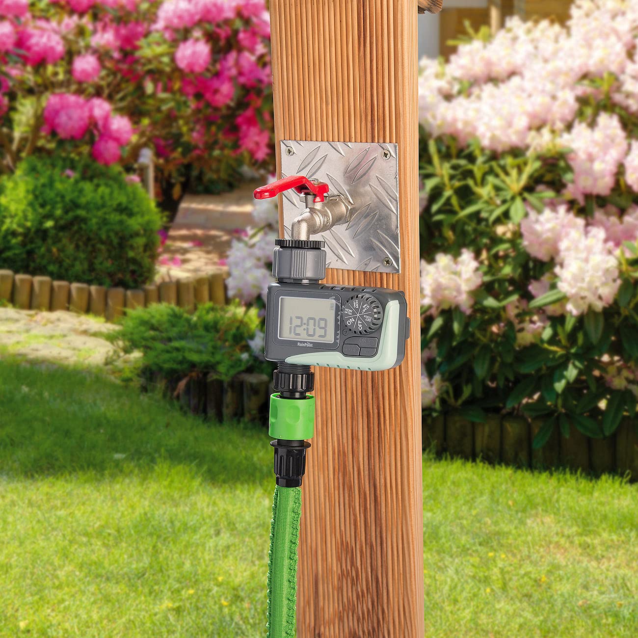 Royal Gardineer Zeitschaltuhren Schlauch: Digitaler Bewässerungscomputer mit 136-teiliges Sprinkler Set (Garden-Bewässerungscomputer, Automatische Bewässerungsuhr, Pumpe)