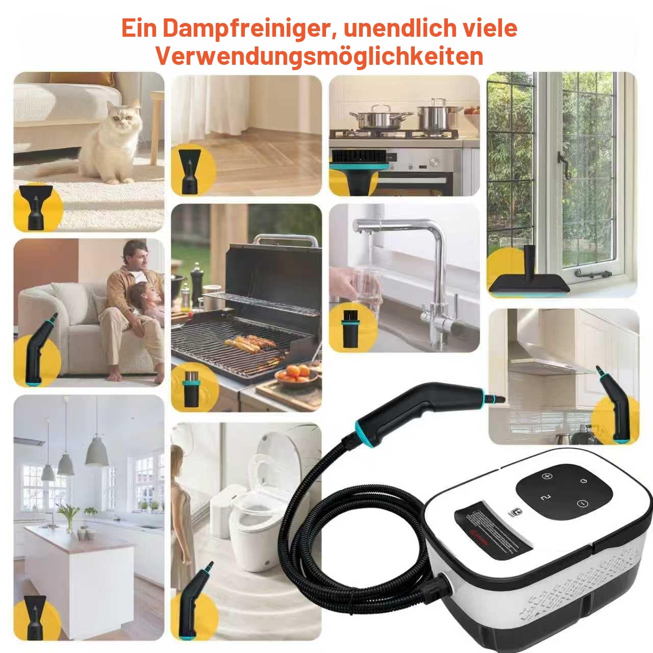 Dampfreiniger Handgerät, 6-Gang Steam Cleaner mit Großem Tank & 10 Zubehör, 10s Schnellheizungs Handdampfreiniger für Küche, Bad, Auto Detailing, Fliesen & Boden Reinigung