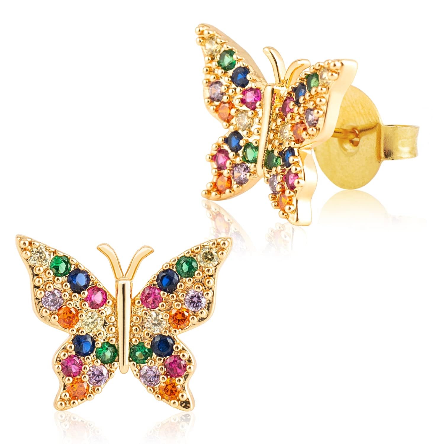 Zircon Butterfly Stud Earrings - 14K Gold Plated CZ Pave Butterfly Earrings for Women，Good Gift for Sister,Lover