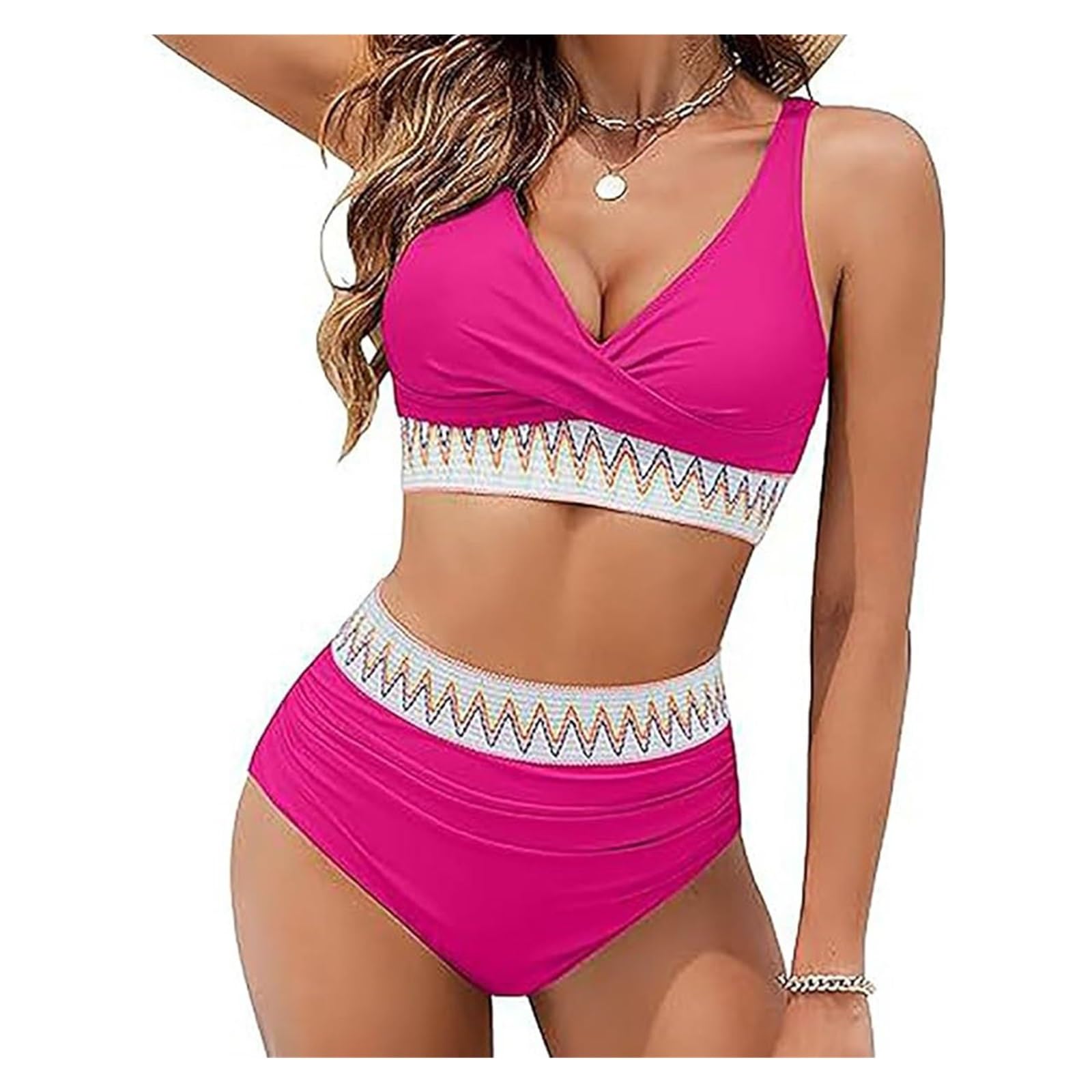 Conjunto De Bikini For Mujer, Traje De Baño Sexy De Dos Piezas con Cuello En V Y Cintura Alta, Traje De Baño con Control De Barriga, Traje De Baño Push Up, Bikini De Playa(Pink,XXL)