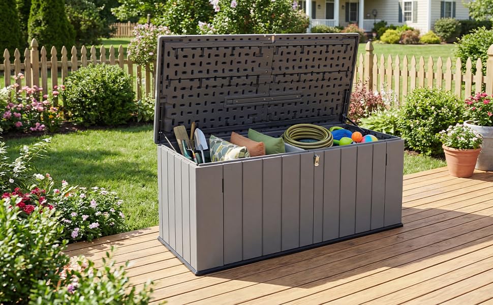 Panana Outdoor Garden Plastic Storage Utility Chest, Grey, 55.9x26.4x25 inch Lockable Lid with Hydraulic Hinges, Built-in Removable Divider