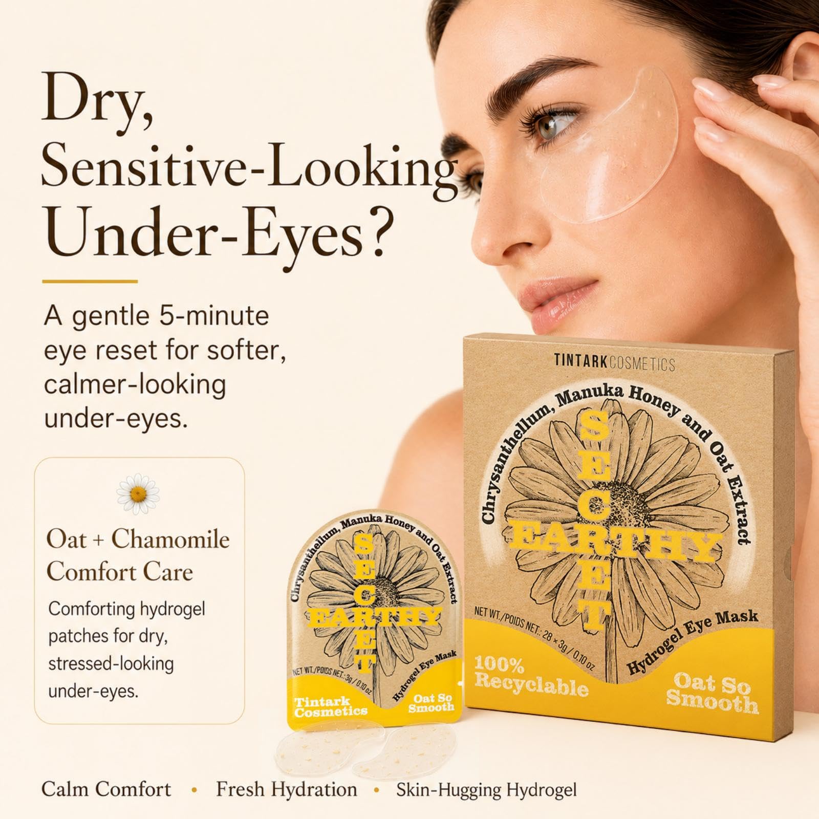TINTARK Patch Occhi Oat So Smooth 28 Paia – Hydrogel Eye Mask con Crisantemo, Miele di Manuka e Avena, Anti Rossori e Secchezza, Idratante e Riparatore per Pelle Sensibile, Cura di Sé e Relax