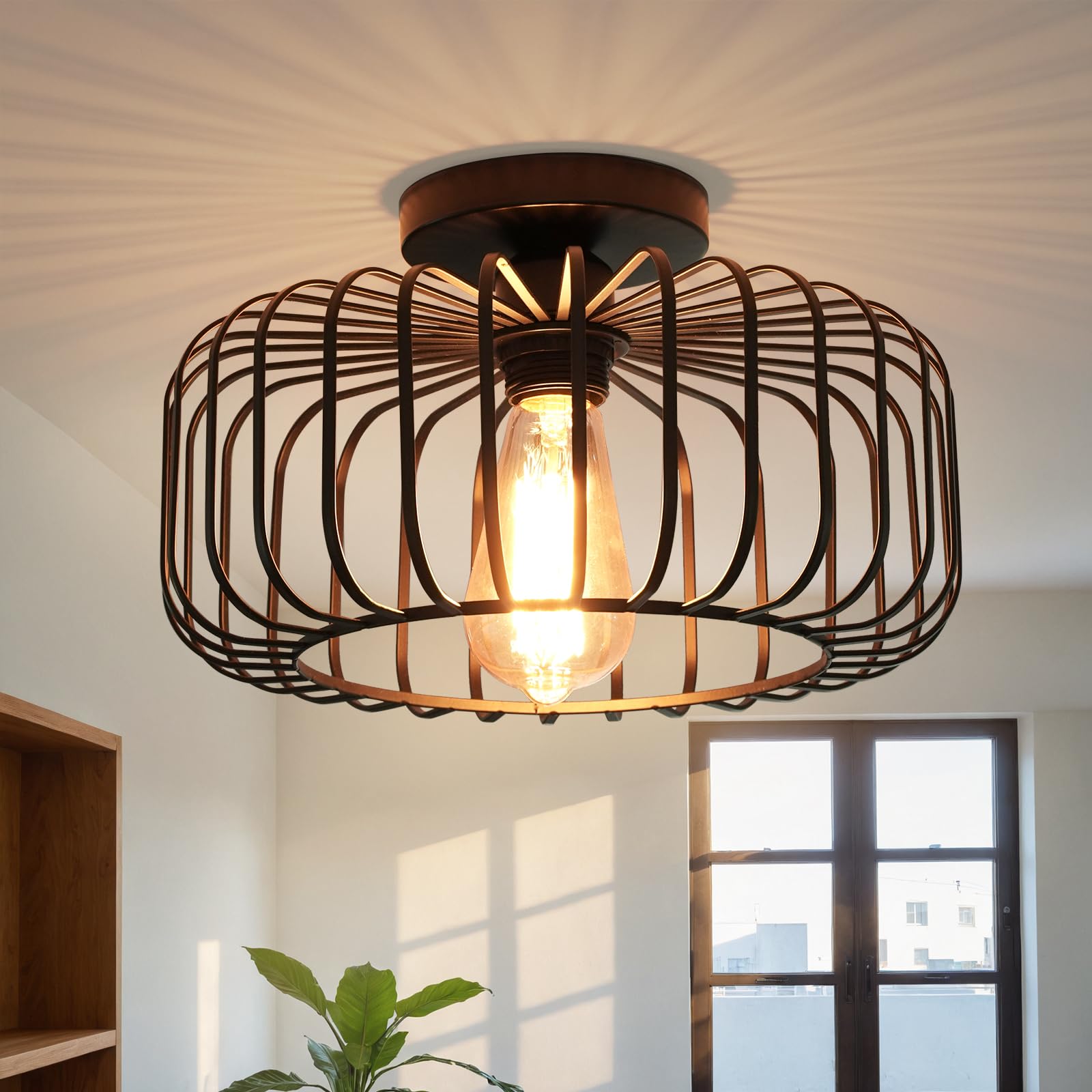 FRIDEKO HOME Black Ceiling Light Fixture, Industrial Chandeliers Ceiling Lights Metal Cage Lampshade, with E27 Base for Bedroom, Living Room, Dining Room, Kitchen, Hallway