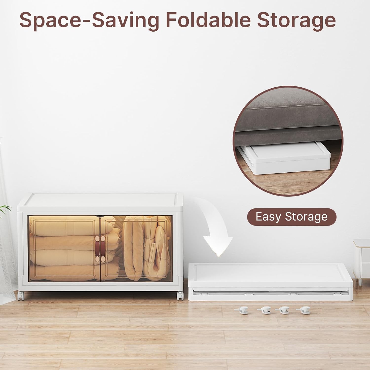 160Qt Stackable Storage Bins with Lids, Large Collapsible Bins with Wheels, Plastic Cabinet with Doors, Foldable Closet Organizers and Storage for Home, Dorm, Office, White