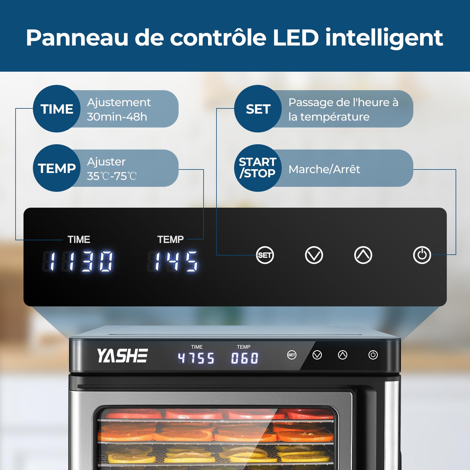 YASHE Déshydrateur Alimentaire en Acier Inoxydable, Température Contrôlée (35-75°C), Minuterie 48 Heures,9 Plateaux en Acier Inoxydable, 2 Tamis à Mailles,1 Plateau pour Rouleaux de Fruits,1000 Watts