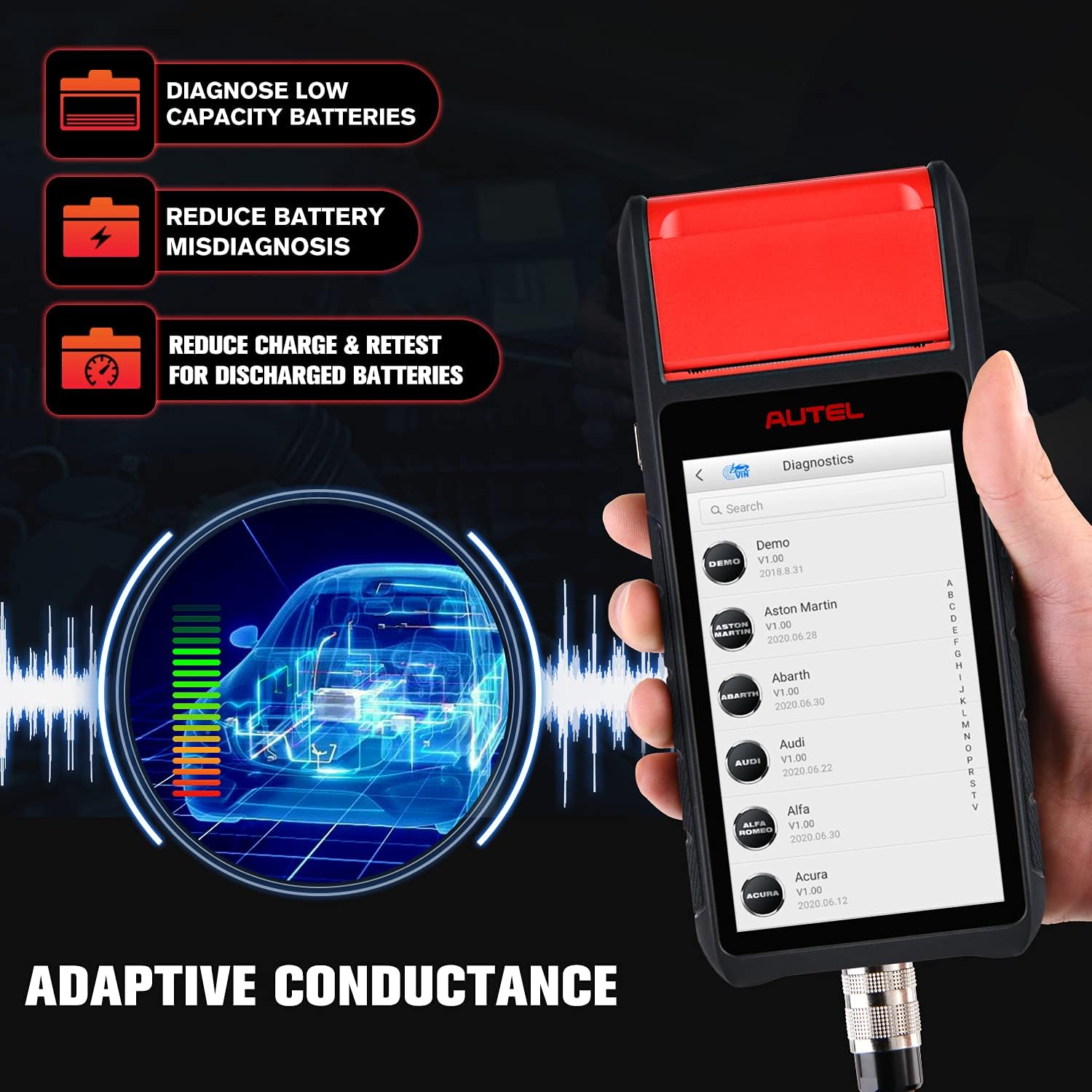 Autel MaxiBAS BT608 (E) Tester Baterii Samochodowego, 2024 w Górę BT508/BT506, Adaptacyjna Przewodność (Wartość 1000+), Test Rozruchowego jako BT609, Reset Akumulatora, Pełne Systemy MK808S/MX808S